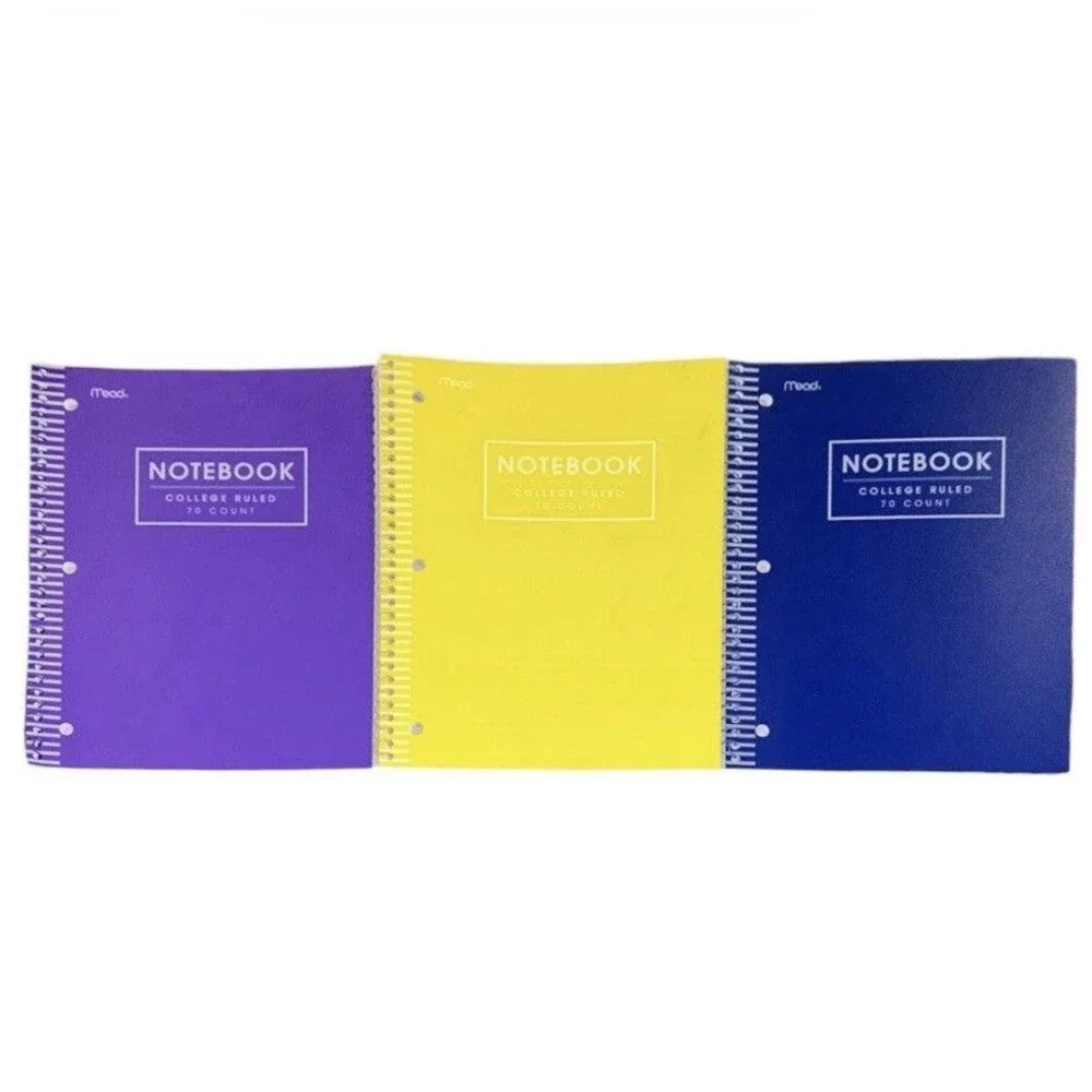 3x Mead College Ruled Spiral Notebook 70 Sheets Each Yellow Blue and Purple